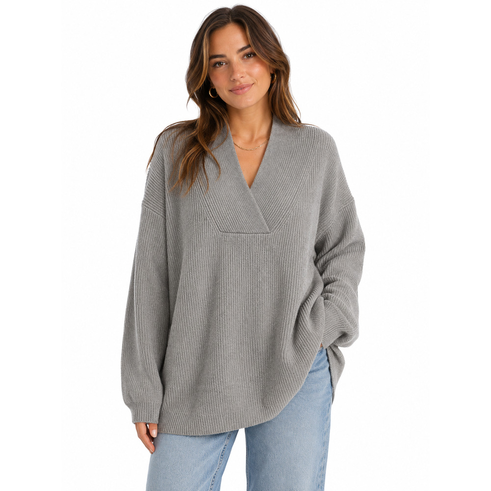 Deluc Womens Taupe Gray Ribbed Long Sleeve Soft Pullover V-Neck Sweater sz XS
